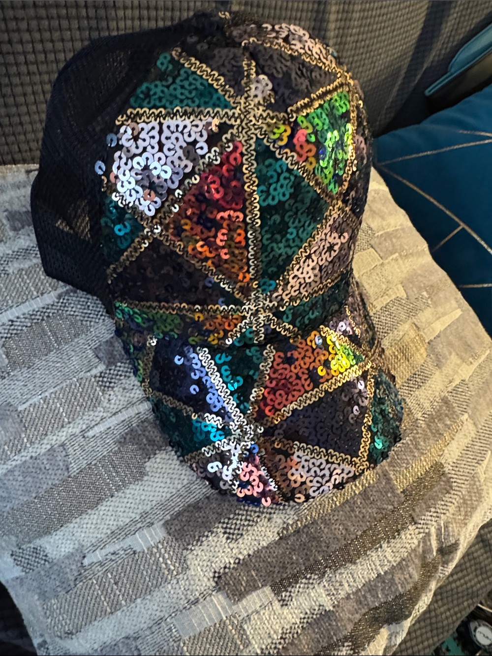 New! Sequin Patchwork Baseball Cap in Green, Teal & Gold